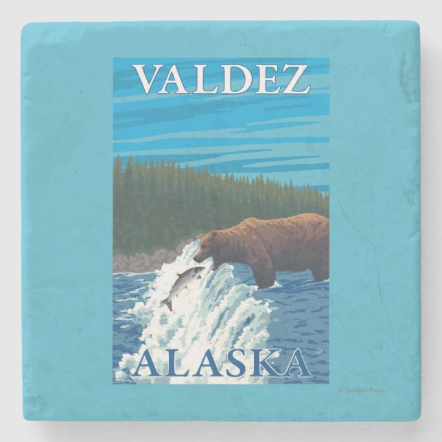 Bärn-Fischen im Fluss- Valdez, Alaska Steinuntersetzer (Vorderseite)