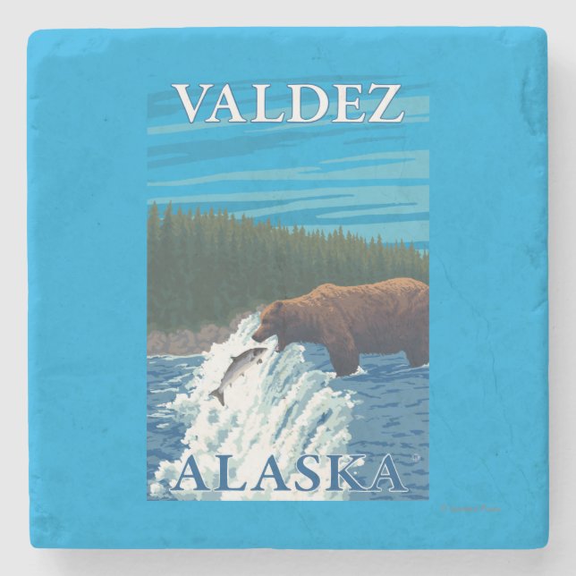 Bärn-Fischen im Fluss- Valdez, Alaska Steinuntersetzer (Vorderseite)