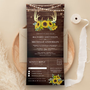 Barn Holz Sonnenblumen Floral Gold Geweih Hochzeit Dreifach Gefaltete Einladung