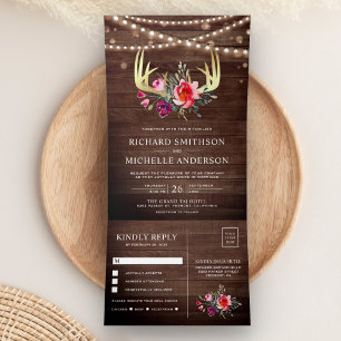 Barn-Holz-String Lights Floral Gold Antler Hochzei Dreifach Gefaltete Einladung
