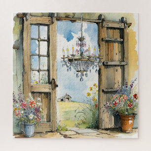 Barn-Kronleuchter und Blumenaquarell mit Blick auf