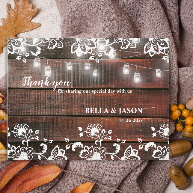 Barn Lace Wood Rustic Chic Wedding Thank You Postkarte (Rustic Wood String Lights Wedding Thank You Card | Barn Lace Wood Rustic Chic Thank You)