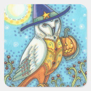 BARN OWL FOLART, HALLOWEEN BIRD STICKERS Square