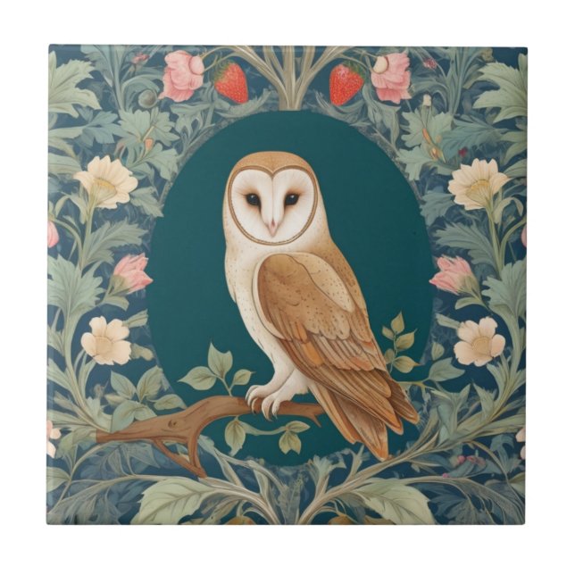 Barn Owl im Oval William Morris-Stil Links gegenüb Fliese (Vorderseite)