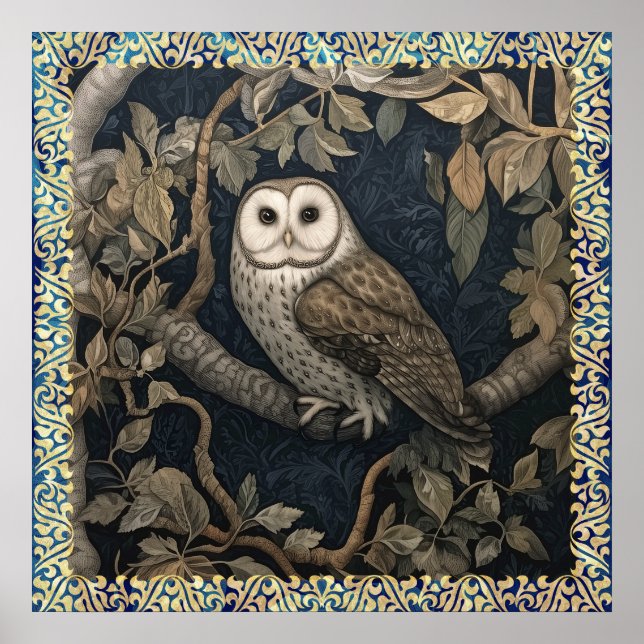 Barn Owl in einem Nachtwald William Morris Style Poster (Vorne)
