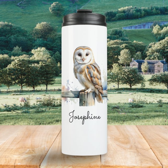 Barn Owl Watercolor Bird Illustration Personalized Thermosbecher (A thermal brown owl picture tumbler for keeping hot or cold drinks at the right temperature)