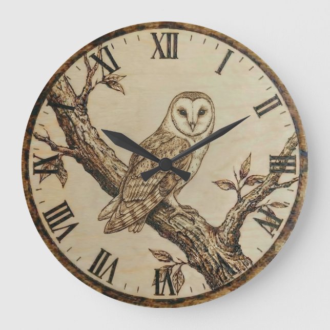 Barn Owl Wooden Wall Clock Große Wanduhr (Vorderseite)