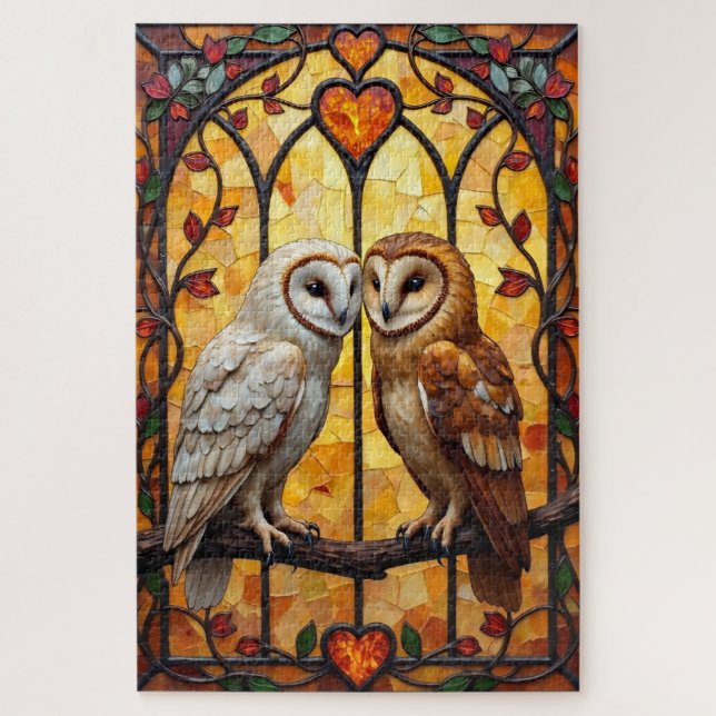 Barn Owls Heart-Faced Stained Glass Embrace (Vertikal)