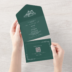 Barn Rustic Farm Wedding Emerald QR All In One Einladung