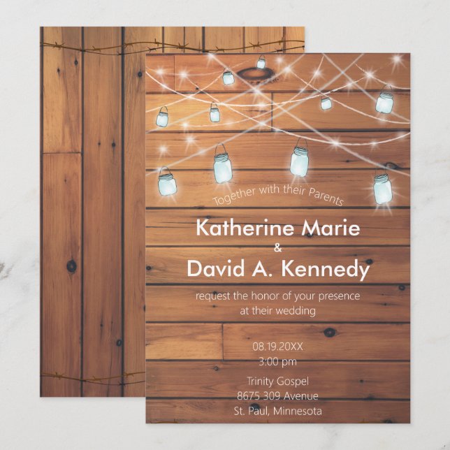 Barn Wedding Wall Mason Jar String Light Einladung (Vorne/Hinten)
