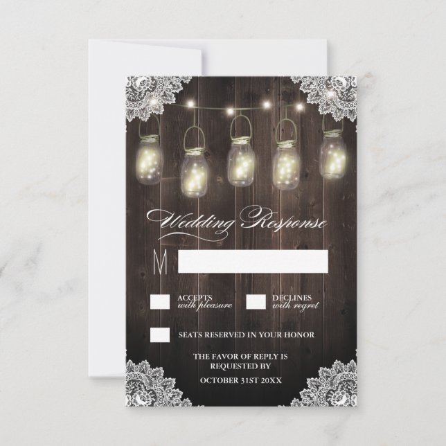 Barn Wood and Lace Mason Jar Wedding RSVP Cards Karte (Vorderseite)