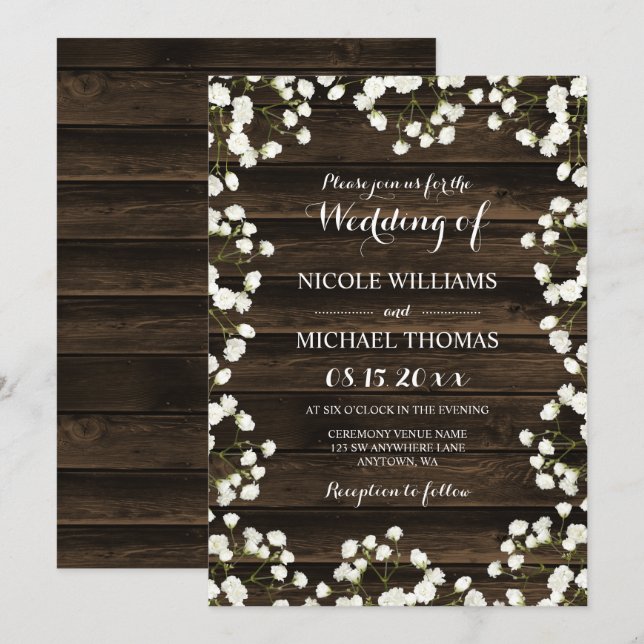 Barn Wood Baby's Breath Wedding Invitations (Devant / Derrière)