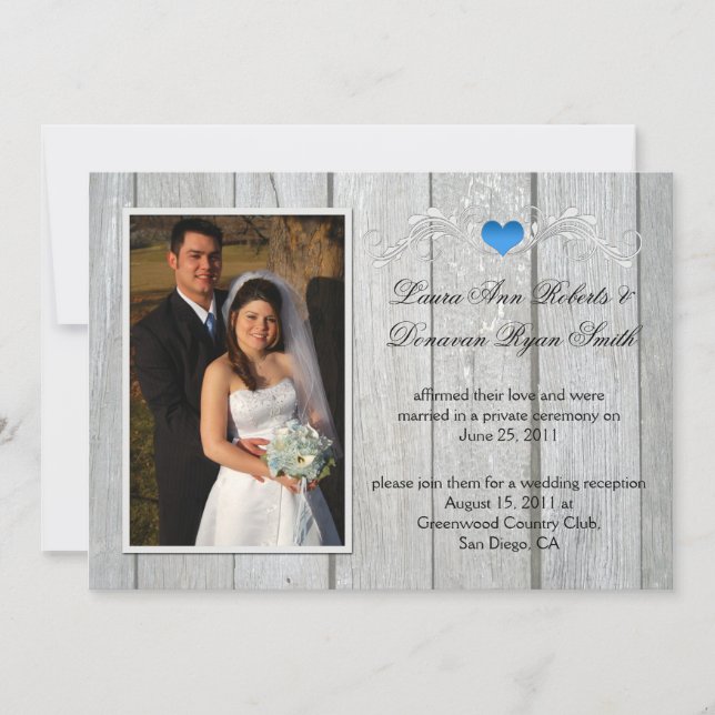 Barn Wood Blue Heart Foto nach Hochzeit Einladung (Vorderseite)