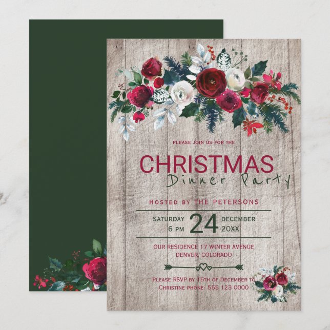 Barn Wood Burgundy Green Christmas Dinner Party Einladung (Vorne/Hinten)