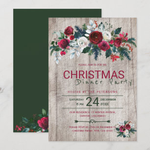 Barn Wood Burgundy Green Christmas Dinner Party Einladung