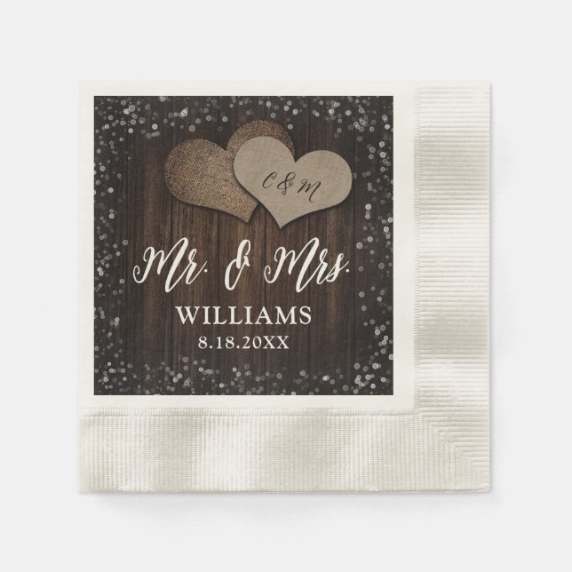 Barn Wood Burlap hört Mr. & Mrs. Wedding Serviette (Vorderseite)