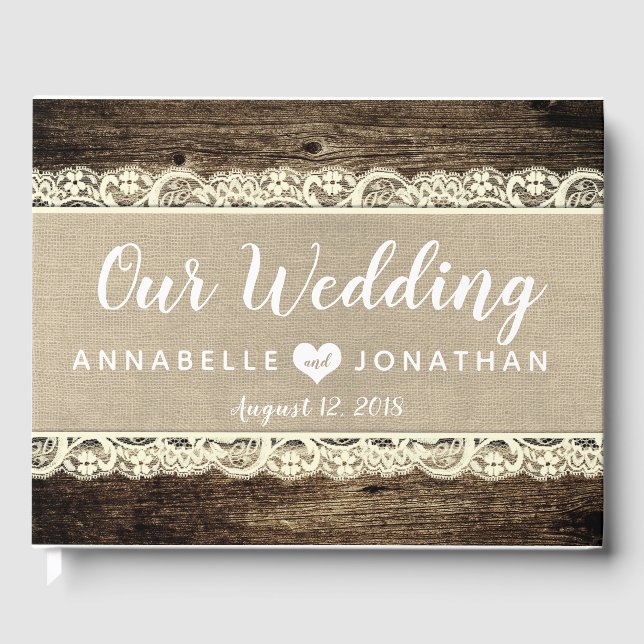 Barn Wood Burlap Lace Rustic Wedding Gästebuch (Vorderseite)