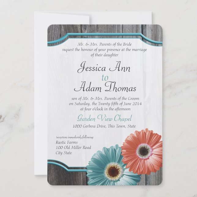 Barn Wood Daisy Coral und Aqua Einladung (Vorderseite)