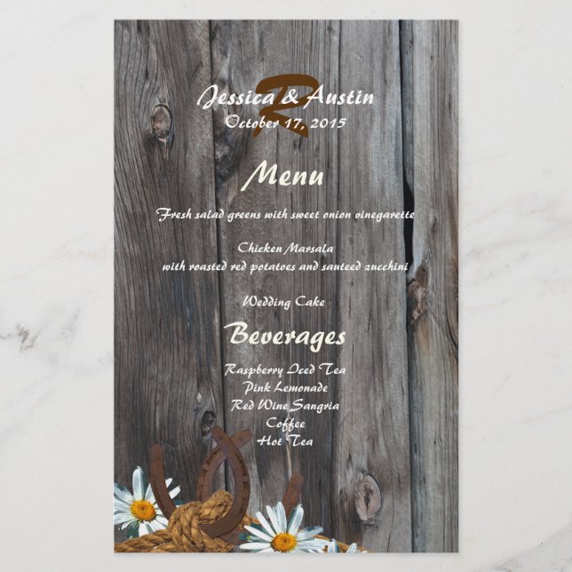 Barn Wood, Horseshoes et Daisies Menu (Devant)