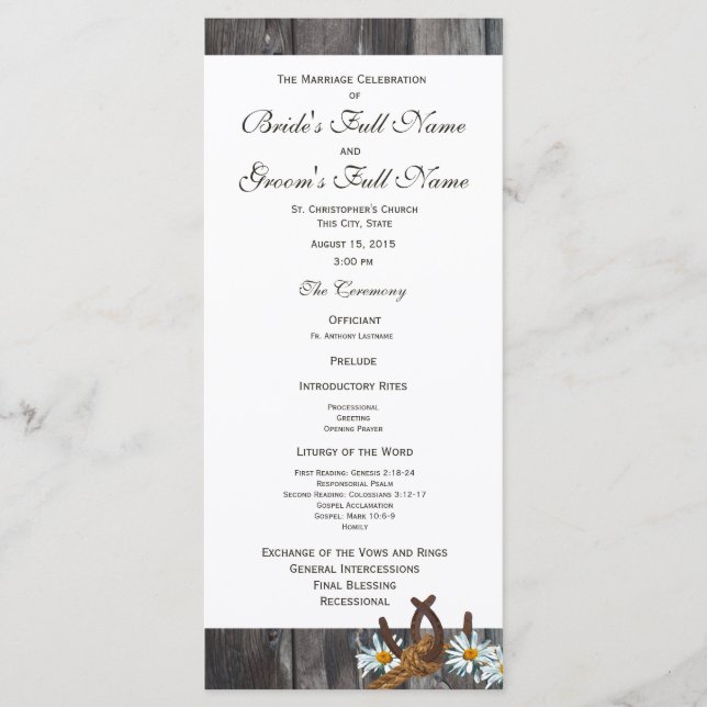 Barn Wood Horseshoes und Daisy Wedding Program Programm (Vorderseite)