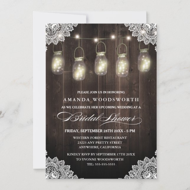 Barn Wood Lace Mason Jar Bridal Einladungen (Vorderseite)