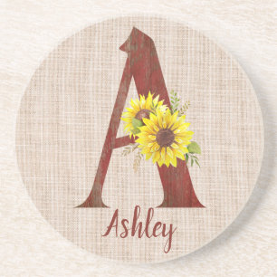Barn Wood Letter A & Sunflores Personalisiert Getränkeuntersetzer