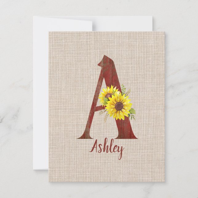 Barn Wood Letter A & Sunflores Personalisiert Mitteilungskarte (Vorderseite)