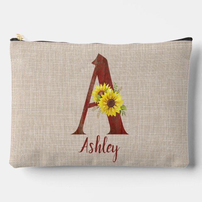 Barn Wood Letter A & Sunflores Personalisiert Zubehörtasche (Vorderseite)