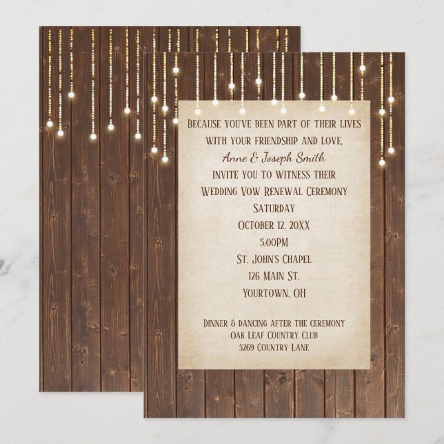 Barn Wood Lights Vow Erneuerbare Einladung (Vorne/Hinten)