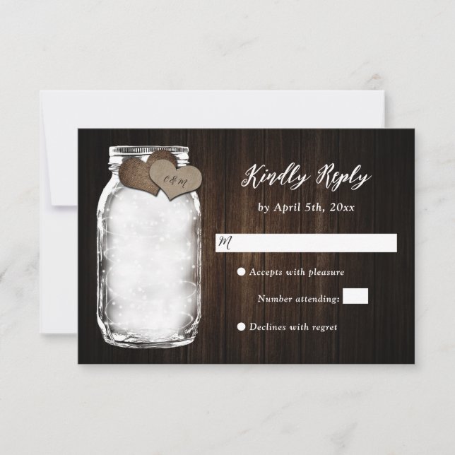 Barn Wood Mason Jar Lights Wedding RSVP Card Karte (Vorderseite)