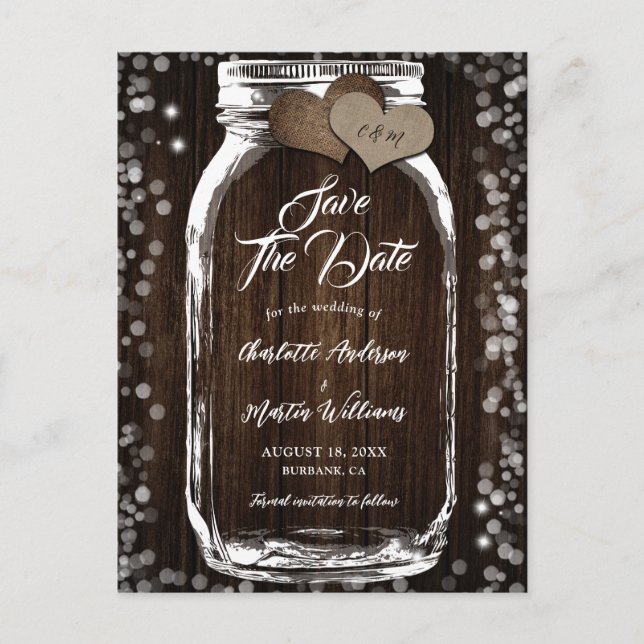 Barn Wood Mason Jar Rustic Country Wedding Ankündigungspostkarte (Vorderseite)