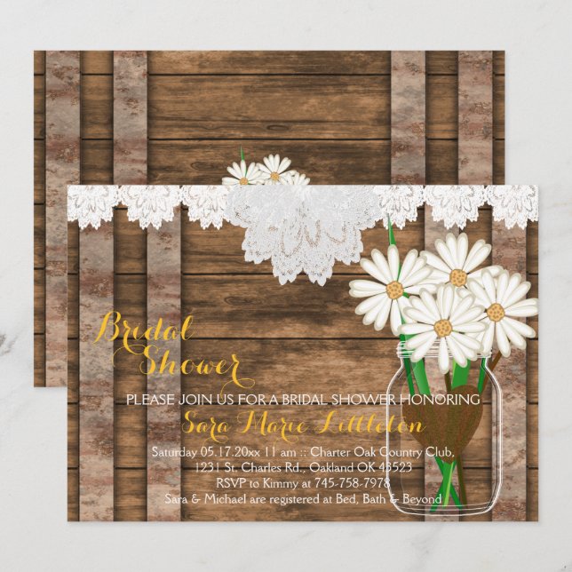 Barn Wood Mason Jar - White Daisies Brautparty Einladung (Vorne/Hinten)