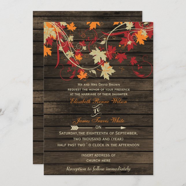 Barn Wood Rustic Fall Leaves invitations de mariag (Devant / Derrière)