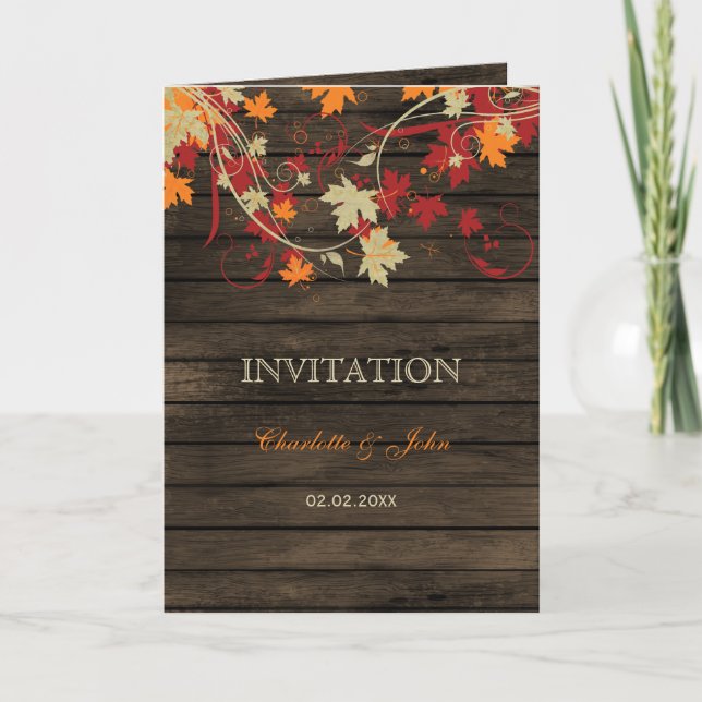 Barn Wood Rustic Fall Leaves invitations de mariag (Devant)
