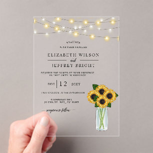 Barn Wood String Lights Sonnenblumen Hochzeit Acryleinladungen