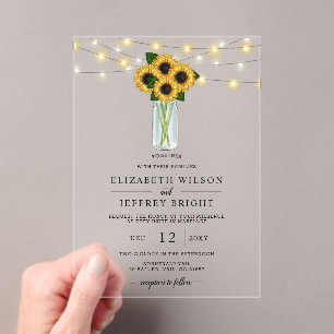 Barn Wood String Lights Sonnenblumen Hochzeit Acryleinladungen