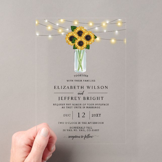 Barn Wood String Lights Sonnenblumen Hochzeit Acryleinladungen (Insitu (Handheld))
