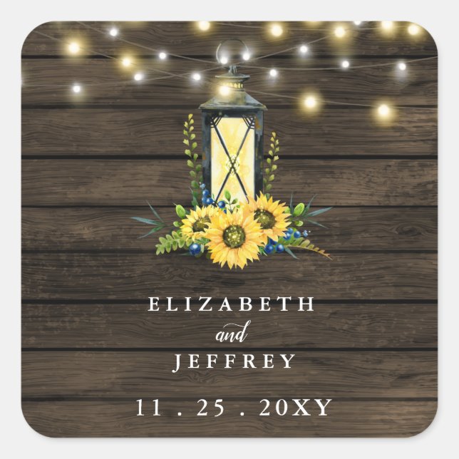Barn Wood String Lights Sonnenblumen Hochzeit Quadratischer Aufkleber (Vorderseite)