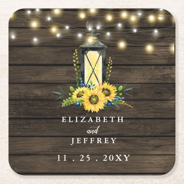 Barn Wood String Lights Sonnenblumen Hochzeit Rechteckiger Pappuntersetzer (Vorderseite)