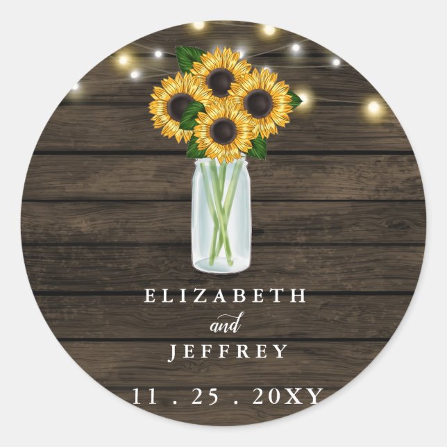 Barn Wood String Lights Sonnenblumen Hochzeit Runder Aufkleber (Vorderseite)