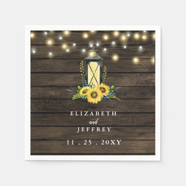 Barn Wood String Lights Sonnenblumen Hochzeit Serviette (Vorderseite)