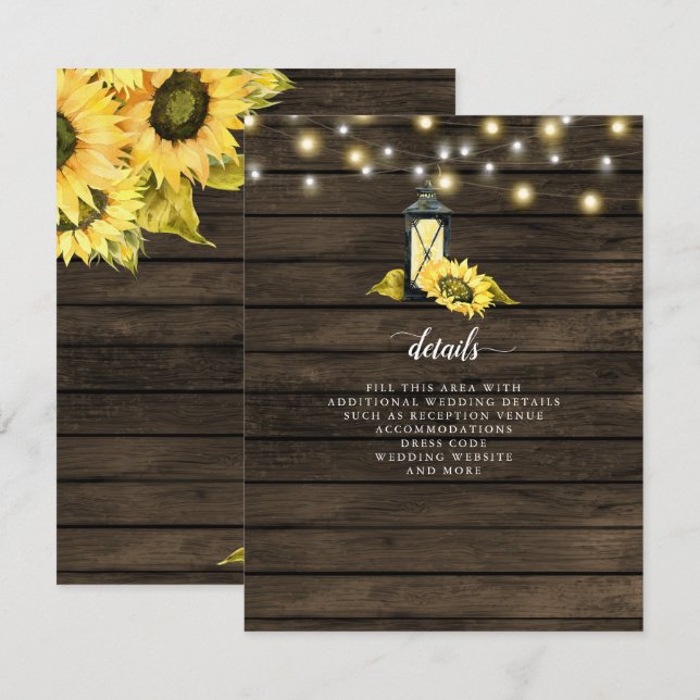 Barn Wood String Lights Sonnenblumen LaternenWeddi Begleitkarte (Vorne/Hinten)
