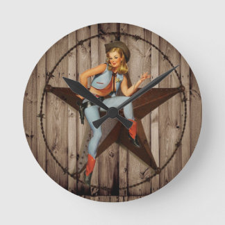 Barn Wood Texas Star Western Country Cowgirl Runde Wanduhr