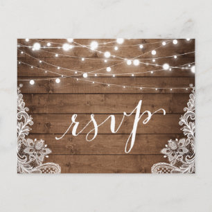 Barn Wood Twinkle Lights Lace Rustic Wedding RSVP Einladungspostkarte