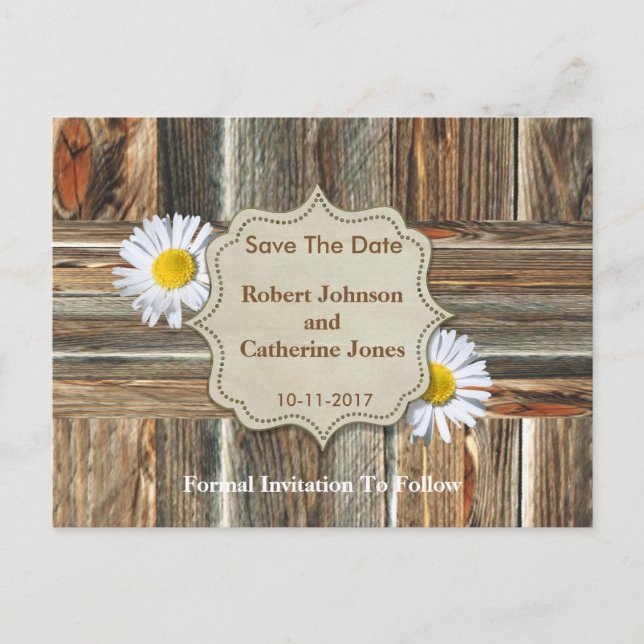 Barn Wood und Daisy Save the Date Ankündigungspostkarte (Vorderseite)