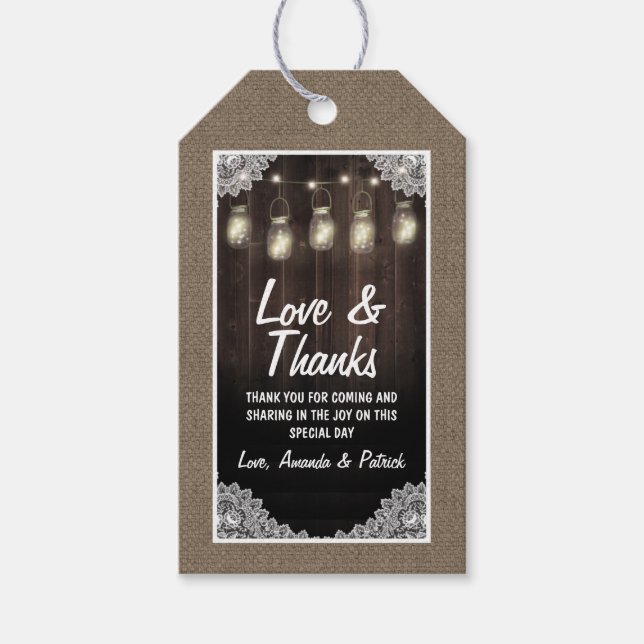 Barn Wood und Lace Mason Jar Wedding Vielen Dank Geschenkanhänger (Vorderseite)