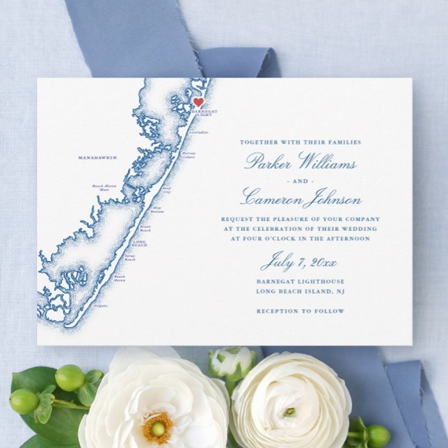Barnegat Light NJ Map Elegant Navy Blue Wedding Einladung (Barnegat Light NJ Map Long Beach Island Wedding Invitation in elegant navy blue, Coastal Map Designs)