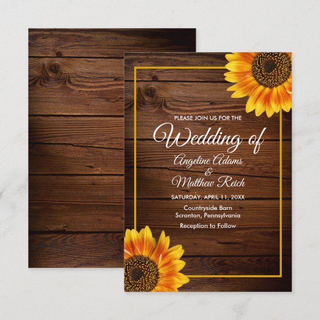 Barnholz + Rustikale Sonnenblumen Hochzeit Einladung (Vorne/Hinten)