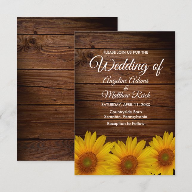 Barnholz + Rustikale Sonnenblumen Hochzeit Einladung (Vorne/Hinten)