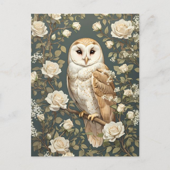 Barnowl und White Roses William Morris Inspiriert Postkarte (Vorderseite)
